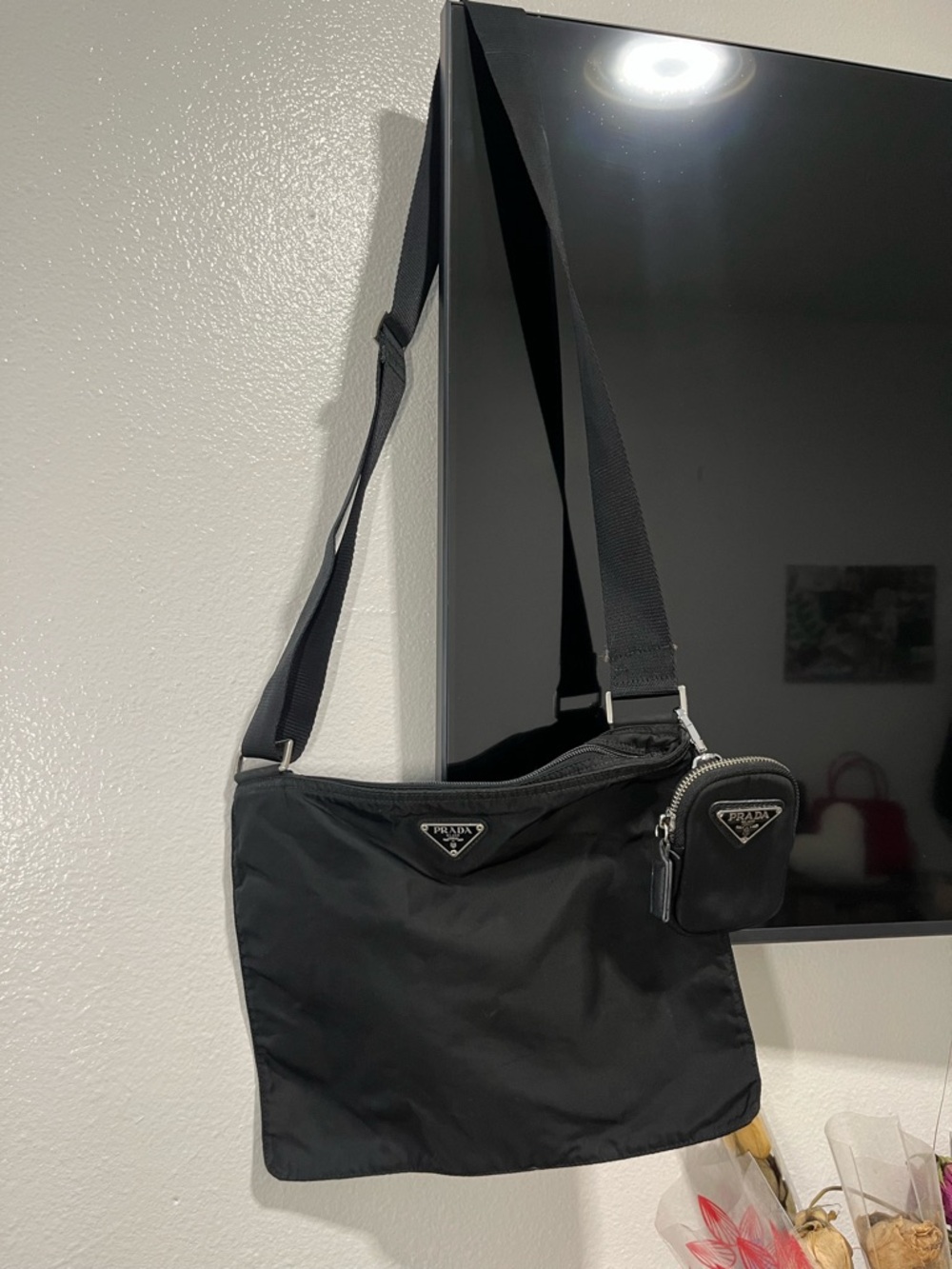 AUTHENTIC  Prada Black Nylon Messenger Bag with Detachable Coin Pouch